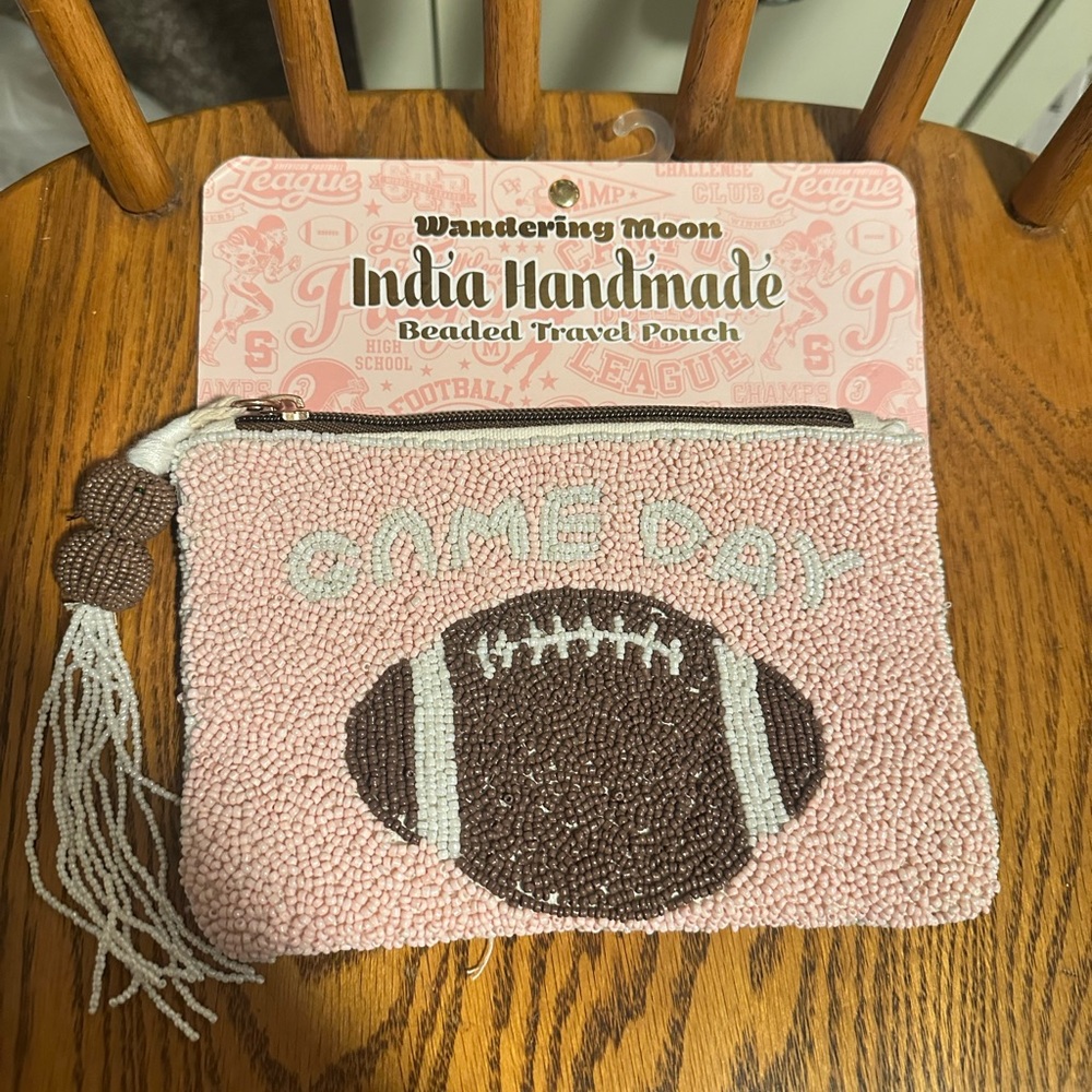 Pink Beaded Travel Pouch with Football Design